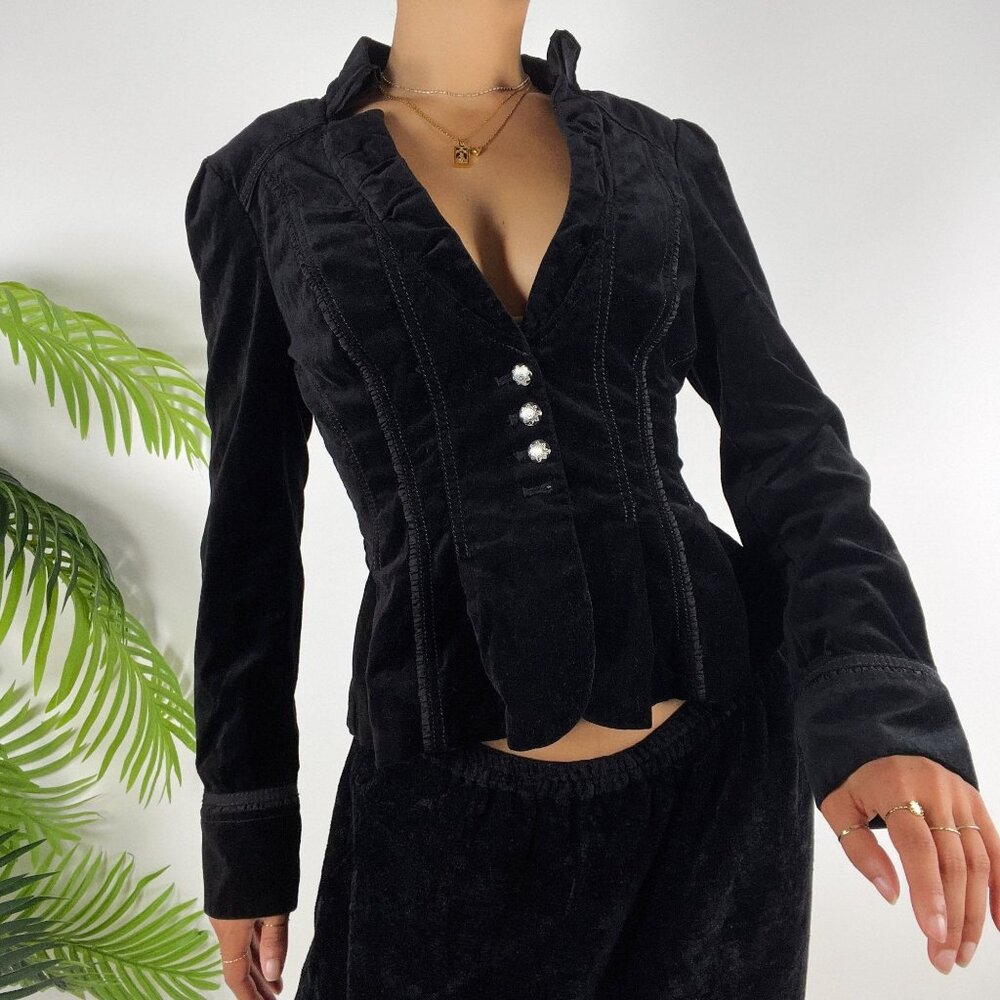 Vintage Black Velvet Whimsygoth Pirate Gothic Button Fitted Blazer Jacket / 0